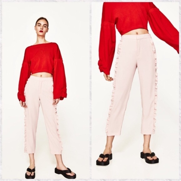 Zara Sz S Blogger’s Favourite Pastel Pink Trousers With Ruffles EUC - Picture 13 of 14